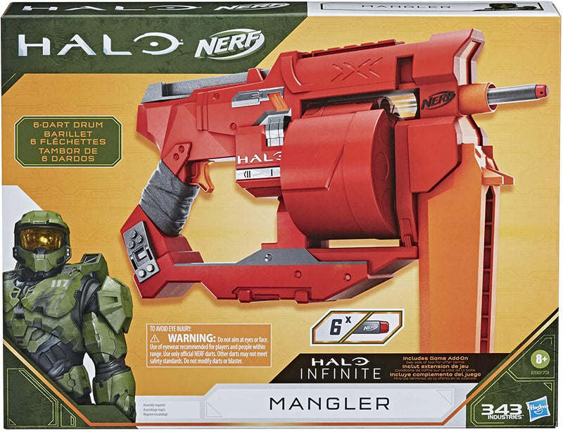 NERF Halo Mangler Dart Blaster -- Pull-Back Priming Handle, Rotating 6-Dart Drum -- Includes 6 Official Elite Darts