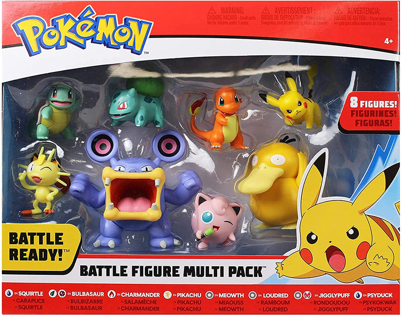 Pokemon Battle Figure 8-Pack - Comes with 2” Pikachu, 2” Bulbasaur, 2” Squirtle, 2” Charmander, 2” Meowth, 2" Jigglypuff, 3” Loudred, and 3” Psyduck