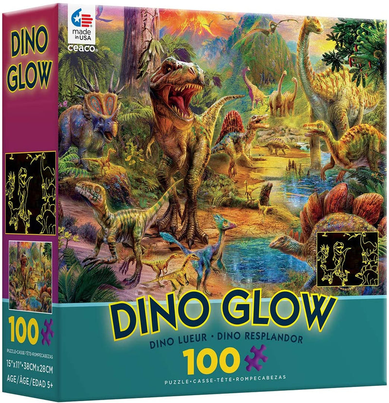 Ceaco 100 Piece Dino Glow, Glow in The Dark - Dino Landscape Jigsaw Puzzle, Kids and Adults