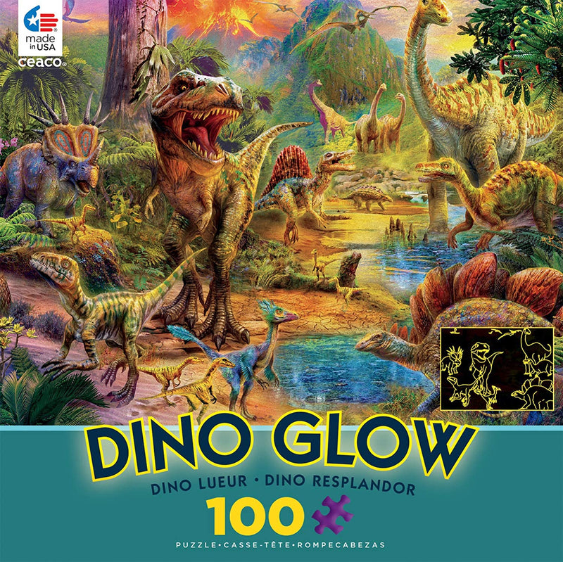 Ceaco 100 Piece Dino Glow, Glow in The Dark - Dino Landscape Jigsaw Puzzle, Kids and Adults